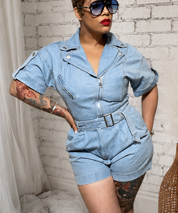 She’s Here Denim Romper