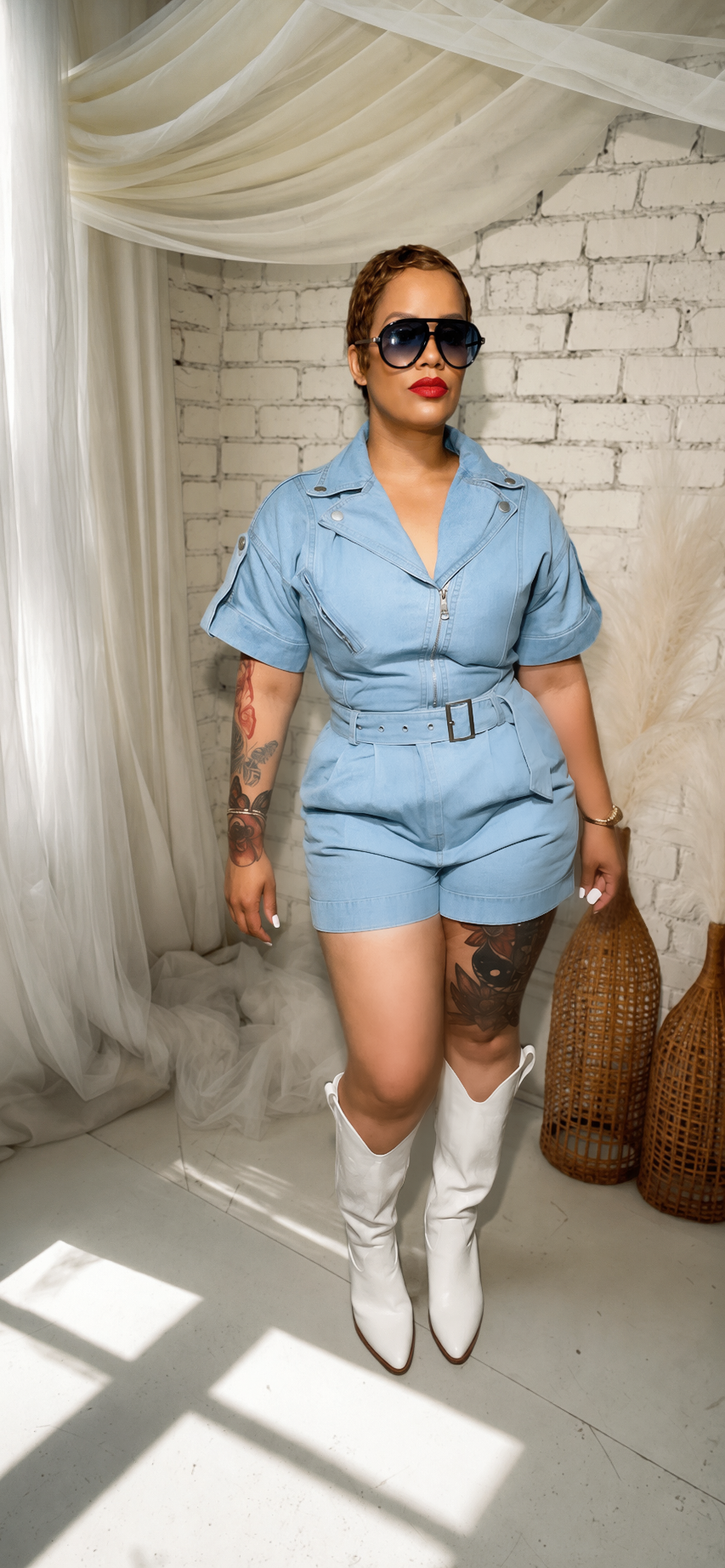 She’s Here Denim Romper